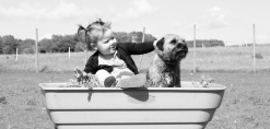 Een hond en kind samen in een kar